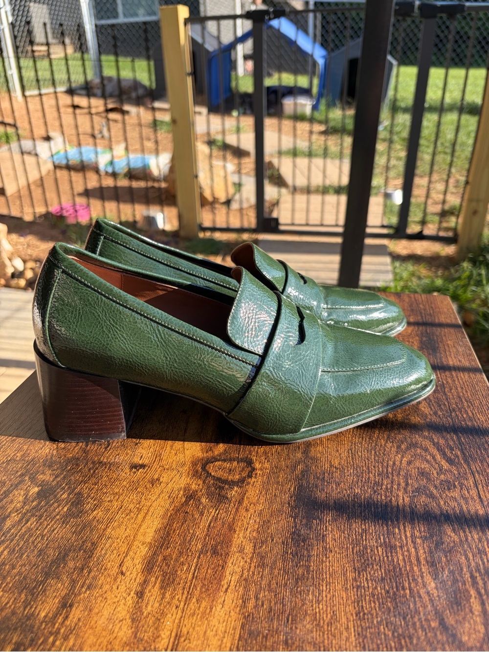 AEROSOLES Green Leather Block Heel Loafers